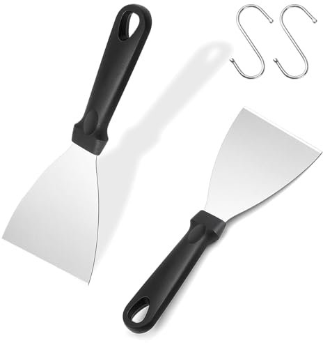 EVDZNA Griddle Scraper, 2 Piece Stainless Steel BBQ Spatula, Spatula, Beveled Edge Grill Spatula, with Black Plastic Handle, for Barbecue, Burgers, Steaks, Grilled Teppanyaki Meats