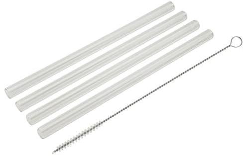 Fackelmann Juego de 4 pajitas de cristal, con cepillo de limpieza de acero inoxidable, aptas para lavavajillas, color gris transparente, 15 cm