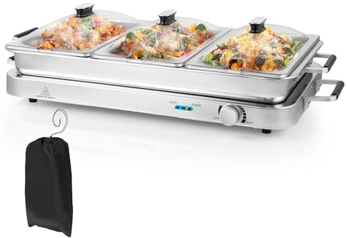 GOPLUS Bandeja Calentadora De Alimentos 2 En 1 Eléctrica con 3 Tapas Ranuradas Transparentes Y Bandejas De Acero Inoxidable De 8 L, Calentador De Alimentos Portátil con Control De Temperatura