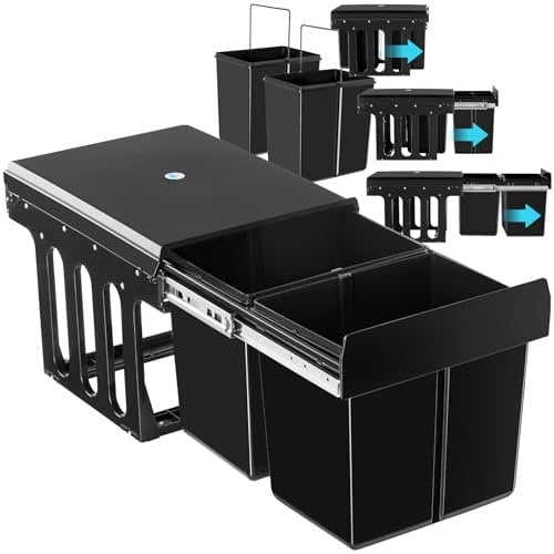 TecTake® Kitchen Bin with 2 Compartments for Easy Waste Separation, Compact & Robust Kitchen Bins with Carrying Handles & Telescopic Rails for full Extension, 30L Capacity, Easy Setup - 2 x 15L