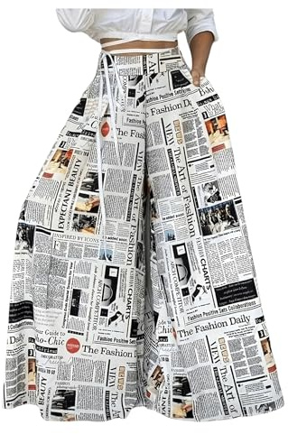WDIRARA Women's Newspaper Print Wide Leg Pants Elastic Waist Loose Funky Letter Print Palazzo Pants Multicolor X-Large