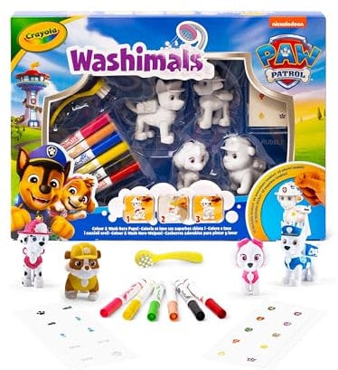 CRAYOLA - Washimals Paw Patrol, Activity Set mit 4 Welpen, 6 abwaschbaren Filzstiften, 40 Aufklebern und Pinsel, Spiel und Geschenk für Kinder, ab 3 Jahren, 74-0290