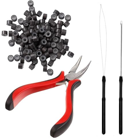 Microring Extensions Zubehör,Microring Extensions Echthaar mit Einfädler Nadel,Extensions Zange,Microring Nadel Und 200 Stück 5mm*3mm Silikon Haarverlängerung Ringe Perlen Links
