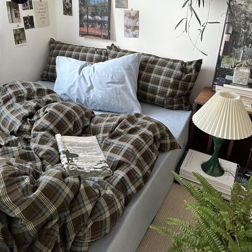 MKXI Full Size Blue, Brown & Green Buffalo Plaid Duvet Cover Set - 3 Piece Vintage Aesthetic Bedding Set, 100% Washed Cotton, Minimalist Design, Soft & Breathable Duvet Cover with Zipper Closure
