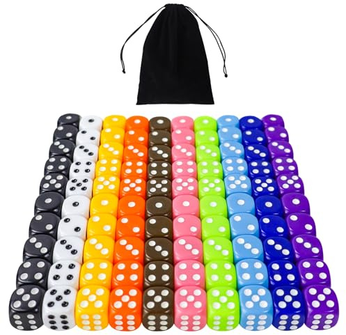 6-seitiger Würfelsatz 100 Stück 14mm undurchsichtige Acrylwürfel für Brettspiele, Würfelspiele, Mathematikspiele, mit kostenlosem Samtbeutel, 10 Farben