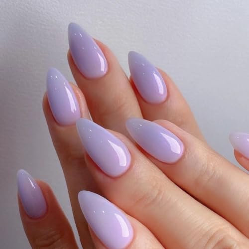 KQueenest Lila Press On Nails Mittel Mandel - Acryl Nägel zum Aufkleben, Natürlich Einfarbig Fake Nails Fingernägel zum aufkleben, Glänzende Gel Full Cover Kunstnägel für Frauen 24 Stück