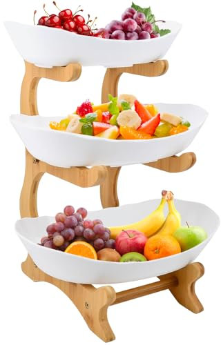 OHMG Corbeille a Fruit 3 Etages, Corbeille de Fruits, Panier de Fruits Panier a Fruits 3 Etages et Legumes avec Support en Bois Résistant pour la Décoration de Cuisine