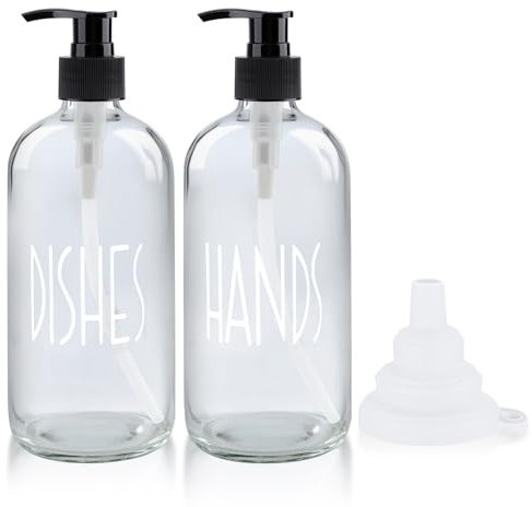 Topsky 2 Pack Glass Soap Dispenser with Funnel, 16 Oz Pump Bottle Dispenser, Soap Dispenser Bathroom and Kitchen, Shampoo and Conditioner Dispenser, Refillable Glass Pump Bottle (Transparent)