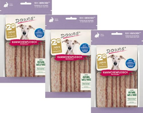 Dokas Hundesnack Kaninchenfleisch getrocknet 3 x 70g | 100 % Kaninchenfleisch | Schonend luftgetrocknet & fettarm | Hypoallergen, getreidefrei | Ergänzungsfutter für Hunde