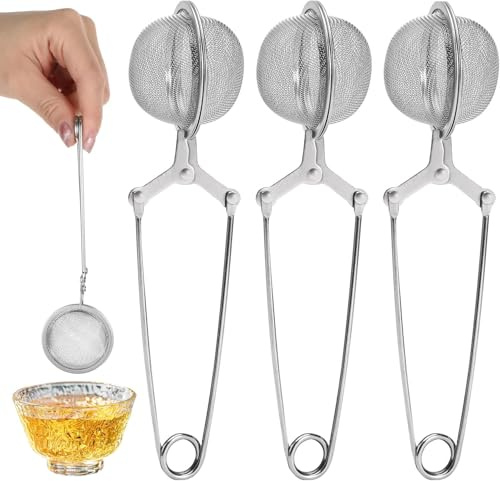 3 Pcs Mesh Snap Ball Tea Strainer with Handle for Loose Leaf Tea and Mulling Spices Stainless Steel Tea Infuser Tea Filter Fruit Squeeze