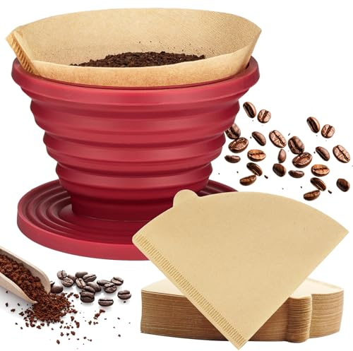 Noaxylic Filtri Caffè in Silicone Riutilizzabili, Gocciolatore Pieghevole per Caffè, Filtro per Caffe da Campeggio con 40 Filtri Carta, Filtro per Coffee Portatile, per Campeggio, Escursionismo, Rosso