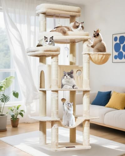 Taoqimiao Cat Tree, 180cm Cat Towers Large Cat Tree for Indoor Cats | with 9 Scratching Posts, Spacious Platform, Cozy Hammock, Top Perch, Widened Cat Condo, Beige MS034M