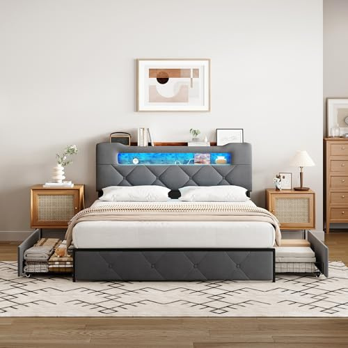 TIMORWTF Bett 140x190 mit Boxspringbett LED und USB, Bett 140x190 mit 4 Aufbewahrungsschubladen und gepolstertem Kopfteil, Doppelbetten für Erwachsene und Jugendliche, Samt, Grau