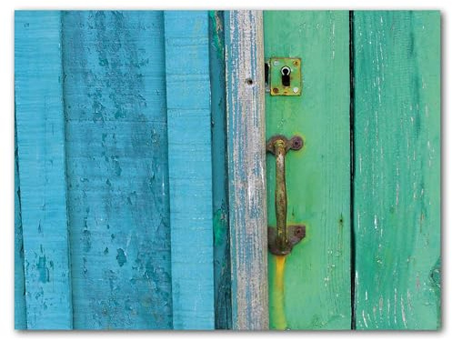 Glücksvilla - Zieh mich auf! (Leinwand-Bild 2 cm, 200 x 150 cm) | div. Maße - aus DE - Deko Wandbild quer - Holz Tür Struktur Fischer-Hütte Frankreich Wand blau gelb grün