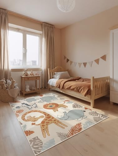 Hanse Home Adventures Kinderteppich Savanna - Kinderzimmerteppich Safari, Tier Motiv, Spielteppich Dschungle, Junge, Mädchen, Teppich Kinderzimmer, Wohnzimmer - Creme Mulitfarben, 200x290 cm