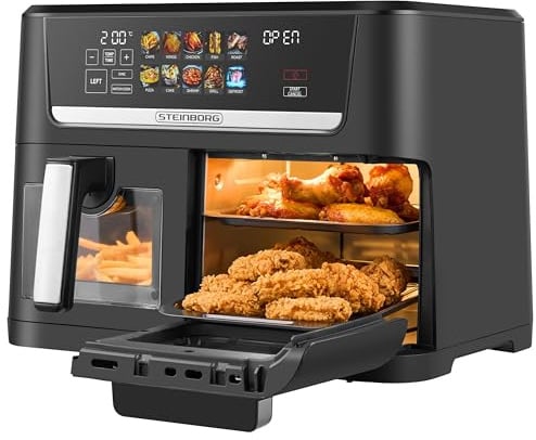 Steinborg® XXL Heißluftfritteuse Dual Zone 14 Liter (8L + 6L) Air Fryer 1700W mit 2 Kammern & 2 unabhängigen Garzonen, Digital Display 10 Programme 60–200°C ohne Öl frittieren Spülmaschinenfester Korb