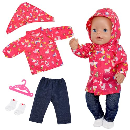Baby Puppen Regenkleidung 43cm, Puppenkleidung für 35-43cm Newborn Baby | 4 Stück Rosa Kleidung Outfits mit 1 Regenjacke 1 Hose 1 Kleiderbügel 1Socken für 14-18 Zoll Puppen Geschenke Kinder