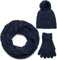 styleBREAKER Schal, Mütze und Handschuh Set, Zopfmuster Strickschal mit Bommelmütze und Handschuhe, Damen 01018208, Farbe::Dunkelblau / Loop Schlauchschal (One Size)