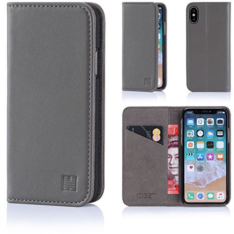 32nd Classic Series - Real Leather Book Wallet Flip Case Cover For Apple iPhone X & iPhone XS, Real Leather Design With Card Slot, Magnetic Closure and Built In Stand - Elephant Grey