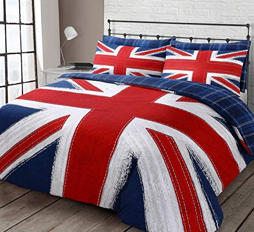 Velosso Union Jack England Red Blue Checkered Denim Look Reversible Bedding Set/Quilt Cover and Pillowcase Set (Single)
