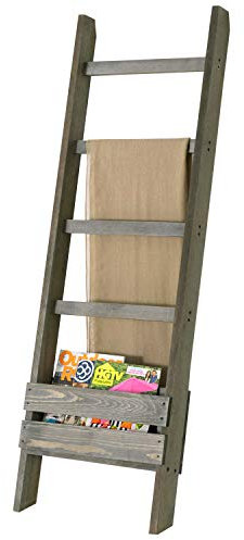 MyGift 4-Rung Vintage Gray Solid Wood Wall-Leaning Towel or Blanket Ladder Rack with Magazine Holder Basket Organizer Slot