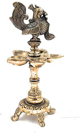 Artvarko Messing-Pfauen-Design 5 Öldochte Pital Diya Lampe Tischständer Pooja Deepam Artikel Home Mandir Tempel Licht Dekor Anbetungsartikel Schaustück Hauseinweihung Dekoration 24,1 cm