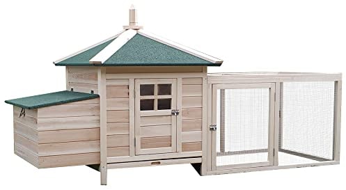 PawHut Hühnerstall für Zwerghühner 196 x 76 x 97 cm Hühnerhaus mit Nistkasten, Freilaufgehege Sitzstange, Kleintierstall aus Holz, Natur