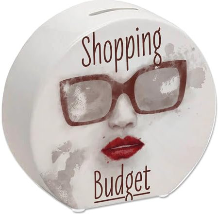 Spardose aus Keramik mit coolem Sonnenbrillenmotiv und Spruch - Shopping Budget eine schöne Spardose im Used Look um Geld für den nächsten Shoppingtrip anzusparen als Cooles