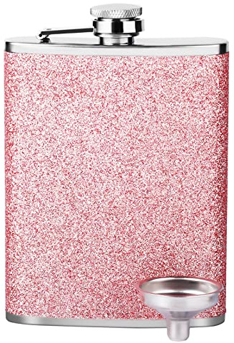 Pink Flasks for Liquor for Women 8OZ - Girls Glitter Bling Pocket Decorative Flask with Funnel 18/8 Stainless Steel for Vodka Whisky