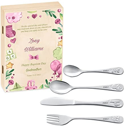 Maverton Kids Silverware in a Wooden Box – Personalised Animals Cutlery Set – Stainless Steel Engraved Utensil Set – for Girls - Bow