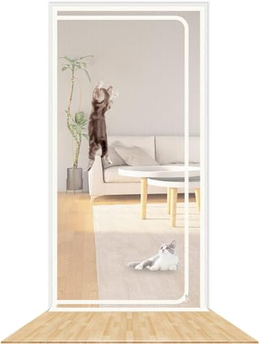 SHRRL Reinforced Cat Screen Door, Heavy Duty Pets Proof Screen Door with Zipper, Prevent Dogs Cats Running out from Home, White (Fits door size:90x210cm)