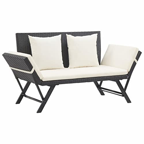 Festnight Gartenbank mit Auflagen 176 cm Gartenbank Klappbar Gartenbank Wetterfest Outdoor Bank Multifunktionsbank Garten Daybed Outdoor Balkonmöbel Kleiner Schwarz Poly Rattan