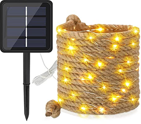popyes Guirlande Lumineuse en Corde de Chanvre, Corde Décorative avec Lampes LED Blanc Chaud, Corde Lumineuse Solaire 8 Modes Éclairage de Noël pour Cheminée, Poteau et Arbre (10M énergie solaire)