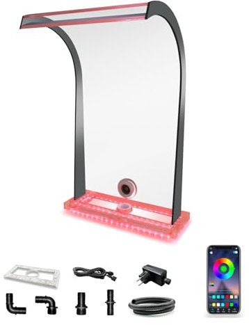 LONGRUN Wasserfall-Brunnen, Acryl-Teich-Wasserfall-Klinge Mit 7 Farben LED, Komplettes Poolbrunnen-Wassersprüh-Set für Oberirdische Schwimmbad, Teich, Garten, 30 x 51 x 33 cm