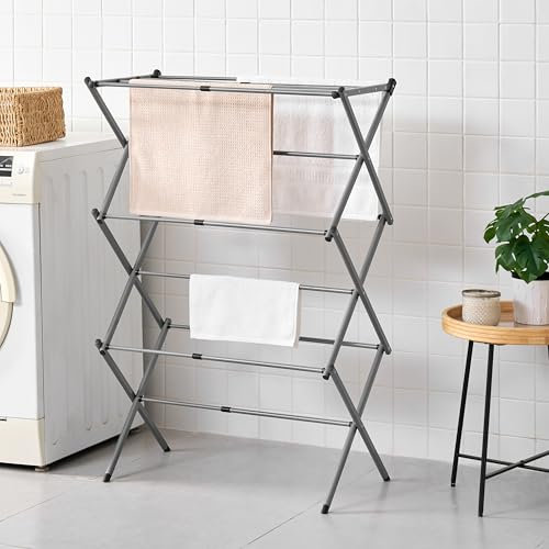 Vivo Technologies 3 Tier Extendable Clothes Airer, Foldable Compact Clothes Drying Rack with 11 Thickened Poles Clothes Dryer Space Saving Laundry Airer Indoor Outdoor Clothes Horse,Grey