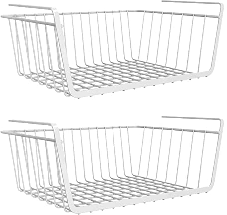 2Pcs Under Shelf Storage Basket Under Shelf Hanging Metal Wire Storage Basket for Kitchen Cabinet Cupboard Organizer White