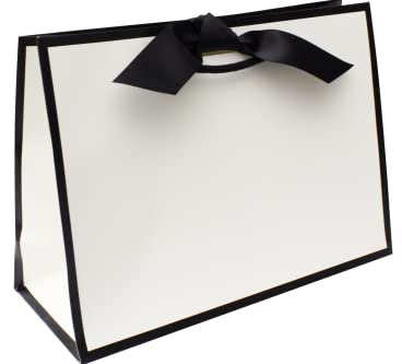 Nu-Nuel 10 Medium Luxury Black Edge Gift Bags with Rope Handles | Matt Laminated with Grosgrain Ribbon | Fits Wine Bottles, Candles | Gift Bags for Birthdays, Christmas (10, MEDIUM - 310x220x120mm)