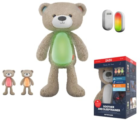 ZAZU Brody Schlaftrainer - Kuscheltier mit Nachtlicht, Geräuschmaschine und Schreisensor - Lehrt den Schlafrhythmus - Einstellbare Helligkeit - Beruhigende Musik - Waschbar (Taupe)