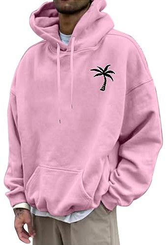 Hoddies/Pullies Herren Halloween Pullover Herren Hoodie Herren Schwarz Palm Druck Y2K Hoodie Mit Taschen Streetwear Hoody Sweatshirt Mit Kapuze Basic Kordelzug Sweatjacke Herren (Rosa L)