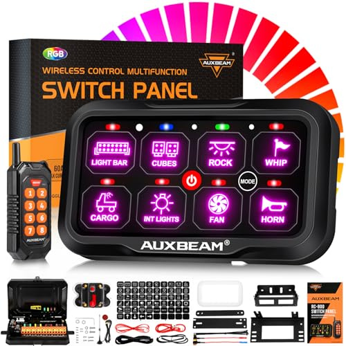 Auxbeam 8-Gang-Schalter-Panel RC-800 RGB, kabellose Fernbedienung, Reichweite bis zu 40 m, Schalterpod, Kippschalter, kurzzeitig, gepulst mit Hintergrundbeleuchtung aus und automatisch dimmbar, für