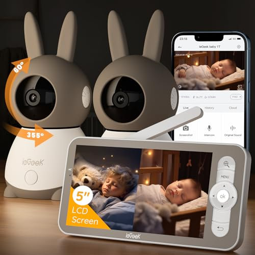 ieGeek 2K/3MP 5 Babyphone 2 Caméra Bebe,PTZ 360° Baby Phone Vidéo connecté Smartphone, Visiophone avec Alertes Intelligentes/Vision Nocturne/Suivi Automatique