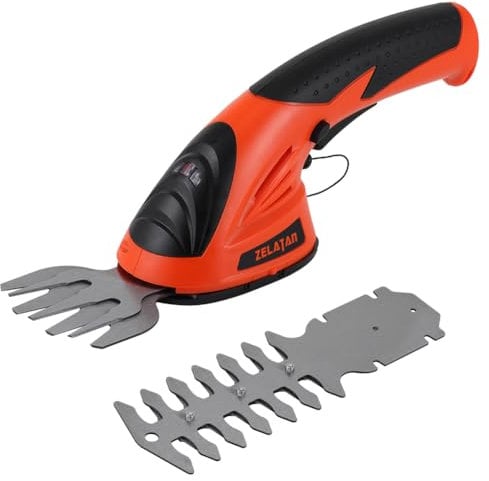 ZELATAN Cordless Grass Shear, 7.2V Electric Grass Trimmer & Hedge Trimmer with Rechargeable Battery, 2 in 1 Handheld Shrub Trimmer/Grass Cutter for Garden Yard Lawn
