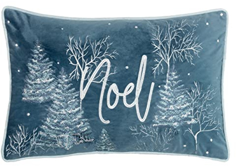 furn. Arcticus Noel Feather Filled Cushion (Blue - 30x50cm) | Festive Christmas Embroidered Velvet Frosted Trees Contrast Piping Winter Pillow