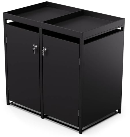 blumfeldt Cache Poubelle extérieur – Acier galvanisé résistant, 2 Portes & Toit jardinière, pour 60 L/120 L/240 L, Fermeture à clé, Design Moderne, abri pour poubelles, Noir