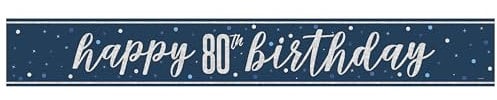 Unique 82556 Foil Happy 80th Banner-2.74 m-Glitz Blue Birthday Party-1 Count (Pack of 1), Multicolour