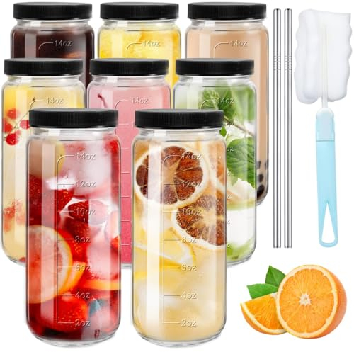 OAMCEG 8 Stück 500ml Glasflaschen - Saftflaschen mit PP-Deckel Strohhalme, Smoothie Flasche Wiederverwendbare,Glasflasche zum Befüllen Spülmaschinen Kühlschranksicher,für Saftpressen Konservierung