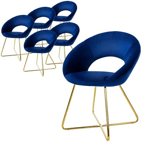 ML-Design Set de 6 Chaises de Salle à Manger, en Velours, Bleu, avec Dossier en Demi-Coque Rond, Pieds en Forme de X Métalliques Dorés, Fauteuil Ergonomique de Table à Manger, Chaise Rembourrée