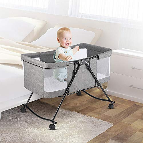 Willonin Culla Co-sleeping con materasso e zanzariera 2 in 1 Lettino Co-sleeping,Lettino portatile pieghevole con zanzariera e ruote universali(106 * 92 * 55cm)