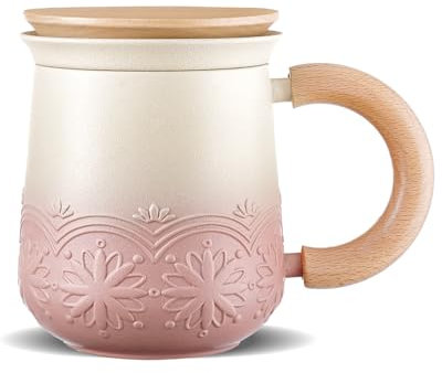ZENS Tea Cup with Infuser and Lid, 11 oz Embossed Sunflower Ceramic Loose Leaf Tea Mug, Wood Lid Cup with Fine Strainer for Gifts, Pale Pink