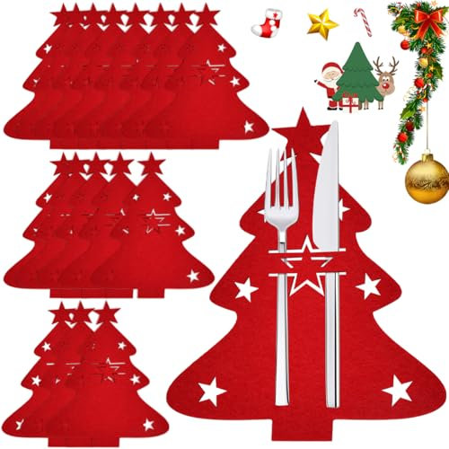 DTYGUIXE Porta Cubiertos de Navidad, 16 Bolsas para Cubiertos de Navidad de Fieltro Rojo Fundas para Cubiertos Navideñas con Forma de Árbol y Motivos de Estrella Decoración de Mesa Navideña
